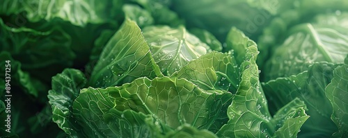Close-up of fresh green cabbage leaves with water droplets, showcasing textures and freshness in a natural setting.