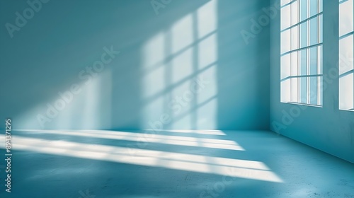 Minimalistic simple abstract light blue background for product presentation Shadow and light from windows on wall : Generative AI