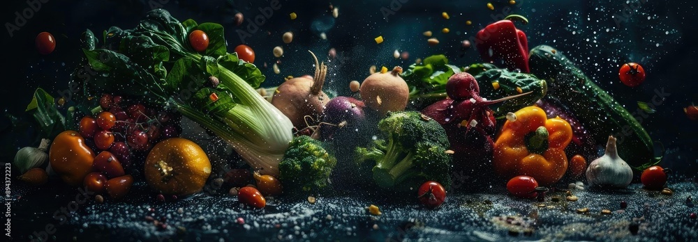 Fototapeta premium Vibrant assortment of fresh vegetables, showcasing colorful peppers, leafy greens, and more on a dark background.