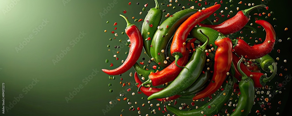 Dynamic arrangement of red and green chili peppers with spicy seeds on a dark green background captures vibrant culinary excitement. Dynamic arrangement of red and green chili peppers with spicy seeds on a dark green background captures vibrant culinary excitement.