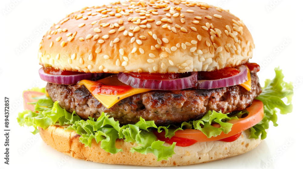 This picture shows a delicious burger on a white background. This picture shows a delicious burger on a white background.