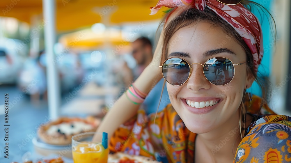 Obraz premium Woman having fun while eating pizza and drinking cocktail at restaurant on a street in Rome Concept of Italian gastronomy and travel Stylish woman with sunglasses and colorful hair sha : Generative AI