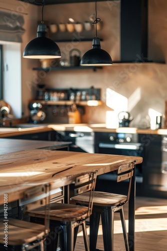 Coffee shop interior with wooden tables and chairs, shallow depth of field © Enrique