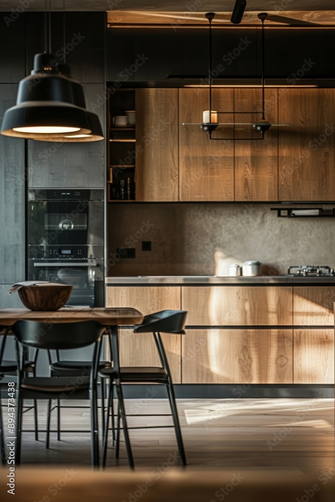 Interior of modern kitchen with wooden walls, wooden floor and black countertops Interior of modern kitchen with wooden walls, wooden floor and black countertops