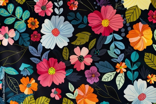 Colorful floral pattern on dark background, vibrant nature desig