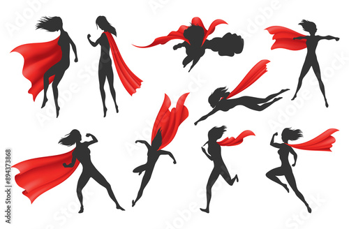 Fotografija Woman superhero silhouette with scarlet fabric silk cloak set