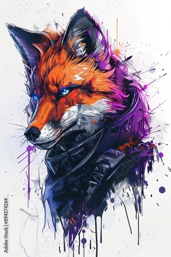 Digital Fox Portrait with Abstract Splatter Paint