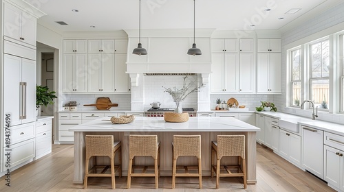 Beautiful white wooden kitchen with large island : Generative AI photo