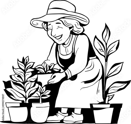 Senior lady in garden cartoon outline illustration svg for  coloring pages, lifestyle, grandmother, retirement, aging society, generation, grandparents day, mother, plant, hobby, activity, outdoor