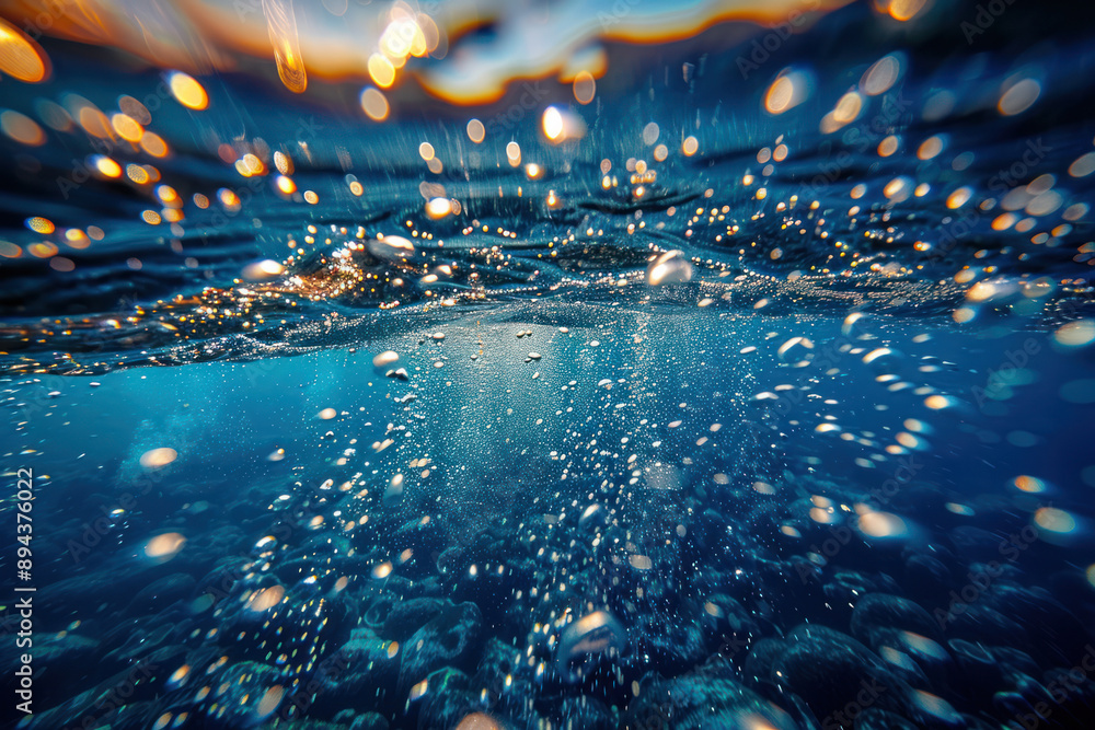 Naklejka premium Underwater Bubbles at Sunset