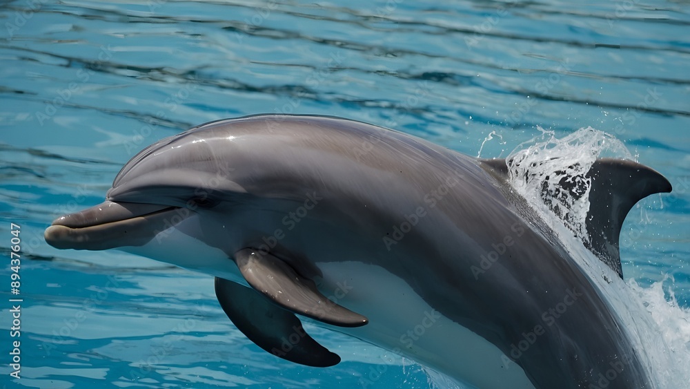 Naklejka premium A dolphin making a high arc above the ocean