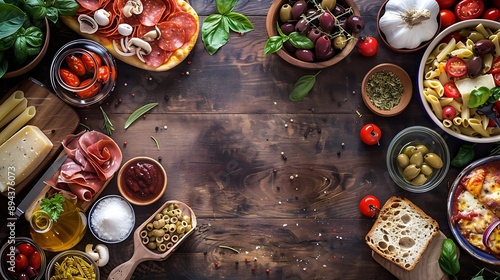 Italian cuisine Pasta pizza olives and antipasto toasts Flat lay on wooden table : Generative AI