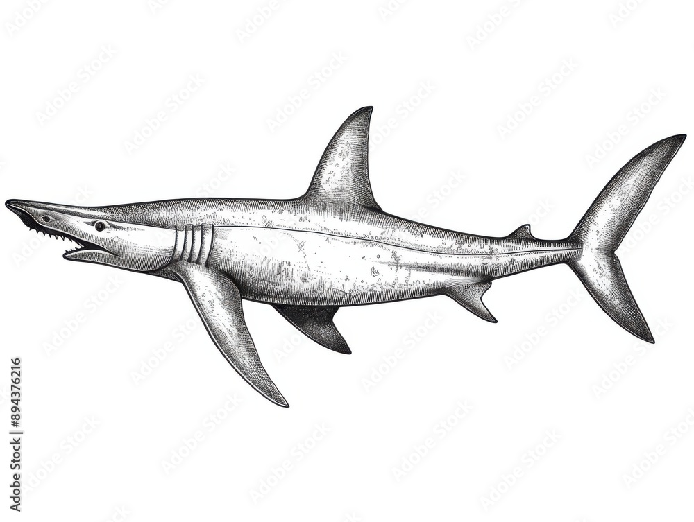 Naklejka premium Black and white Vintage engraved art of a hammerhead shark isolated on white background, ink sketch illustration, simple vector art design, highly detailed line art, high contrasty