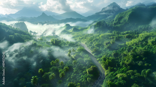 Hyper-realistic aerial view of a winding mountain road, lush forest, morning mist,