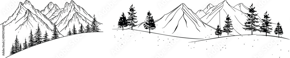 Fototapeta premium An illustration of a mountain landscape with fir trees. Continuous one-line line drawing