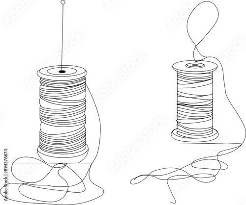 Spools of thread drawn in one continuous line. Symbolizing ateliers and fashion design in simple linear style.