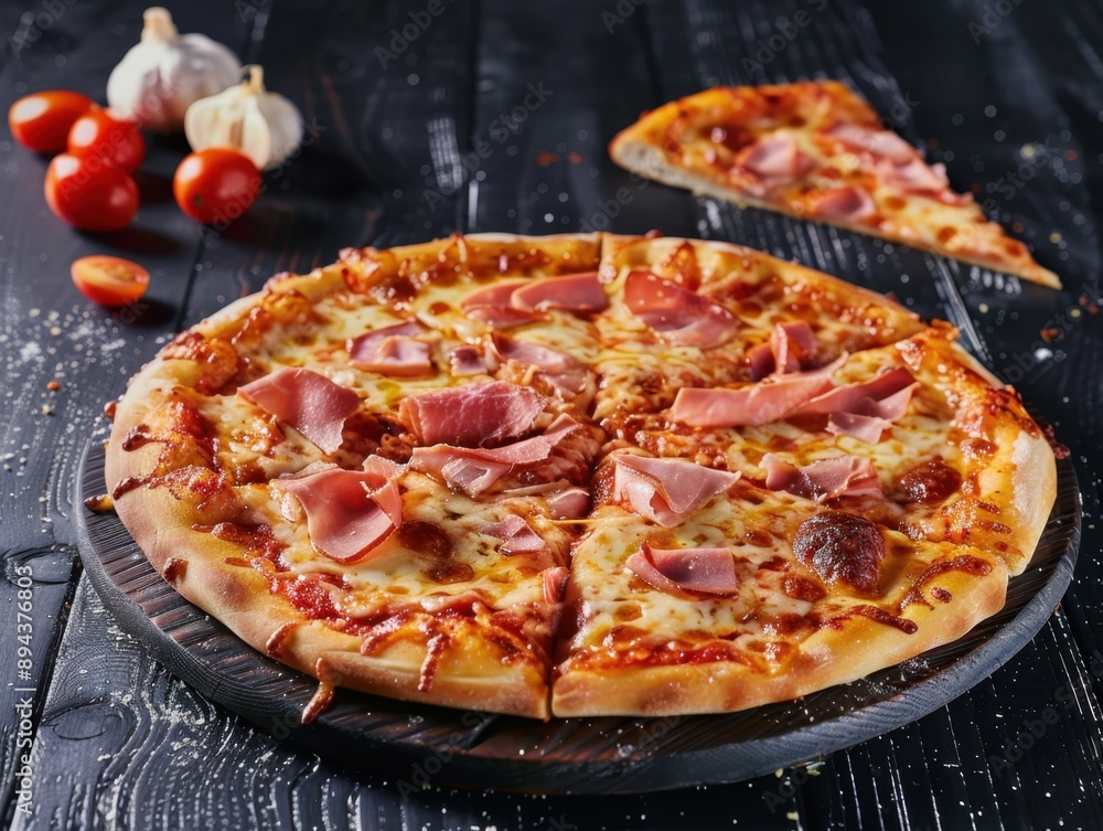 A delicious whole ham and cheese pizza, ready to be enjoyed. A delicious whole ham and cheese pizza, ready to be enjoyed.