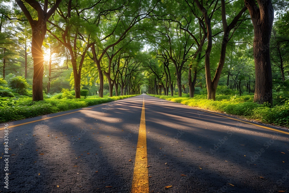 Tranquil Sunlit Forest Road: Nature Travel Concept for Posters and Prints Tranquil Sunlit Forest Road: Nature Travel Concept for Posters and Prints