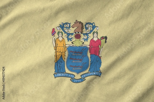 New Jersey US state flag depicted on folded wavy fabric of old cloth close up