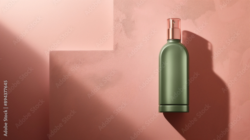 Green cosmetic bottle with a bronze cap casting a shadow on a pink background Green cosmetic bottle with a bronze cap casting a shadow on a pink background