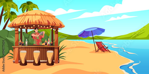 Tropical bar on beach. Bartender makes cocktails by sea, summer refreshing drinks, palm trees and sand, exotic tastes, exotic resort, cartoon flat style isolated tidy vector concept