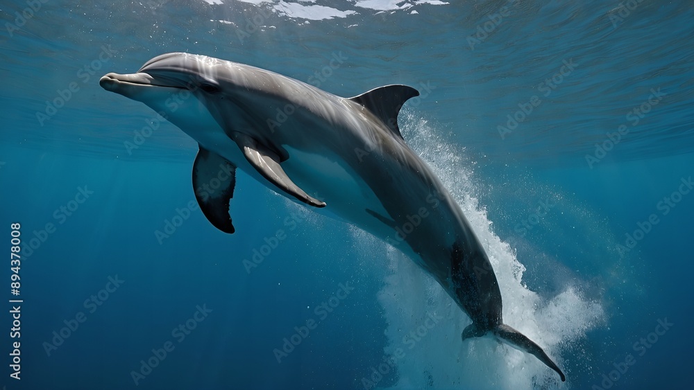 A dolphin breaching the surface with joyful exuberance against a clear sky A dolphin breaching the surface with joyful exuberance against a clear sky