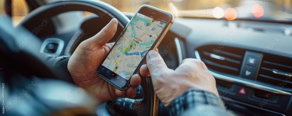 A person navigates using a smartphone displaying a map while sitting in a car, the sunlight indicating sunset or early evening, capturing the essence of modern technology in travel