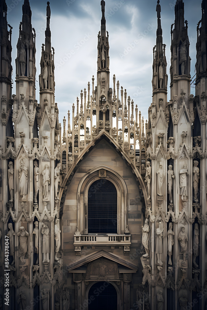 Fototapeta premium Duomo di Milano: A Majestic Showcase of Gothic Architecture under a Dramatic Sky