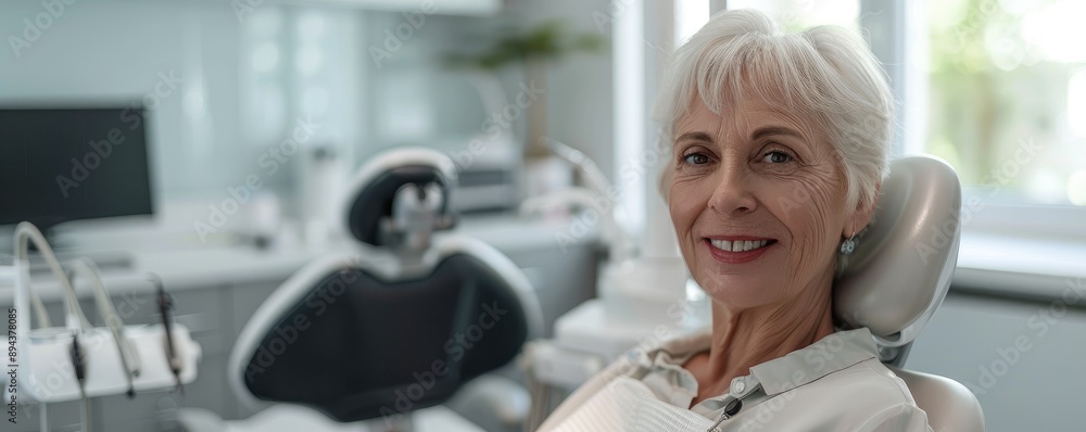 An elderly woman with grey hair sits smiling in a dental clinic chair, with dental equipment in the background, depicting health, care, and the importance of oral hygiene An elderly woman with grey hair sits smiling in a dental clinic chair, with dental equipment in the background, depicting health, care, and the importance of oral hygiene