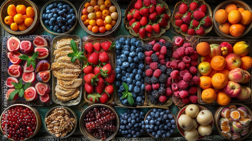 A Feast of Fresh Fruits and Berries Arranged in a Decorative Display A Feast of Fresh Fruits and Berries Arranged in a Decorative Display