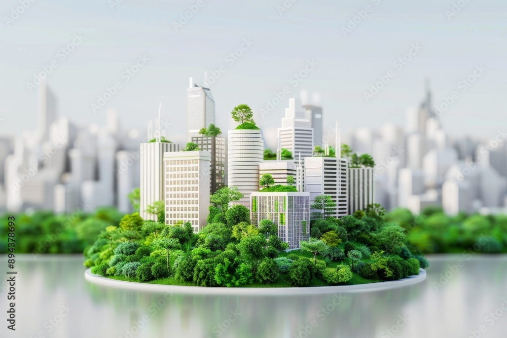 An eco-conscious cityscape features green buildings and a strong emphasis on urban ecology.