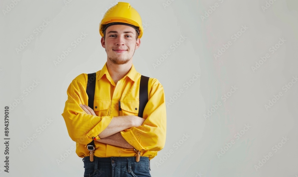 A construction worker is standing confidently in a yellow attire with a helmet, embodying the essence of hard work, professionalism, and safety in the construction field A construction worker is standing confidently in a yellow attire with a helmet, embodying the essence of hard work, professionalism, and safety in the construction field