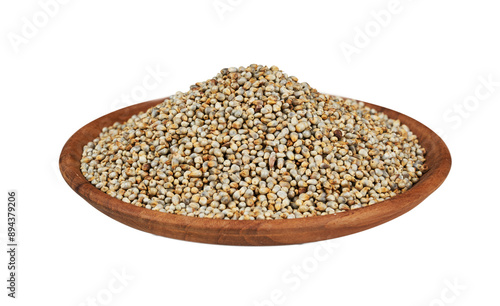 closeup pile of dry bajra pearl millet seed isolated on white background in wood bowl
