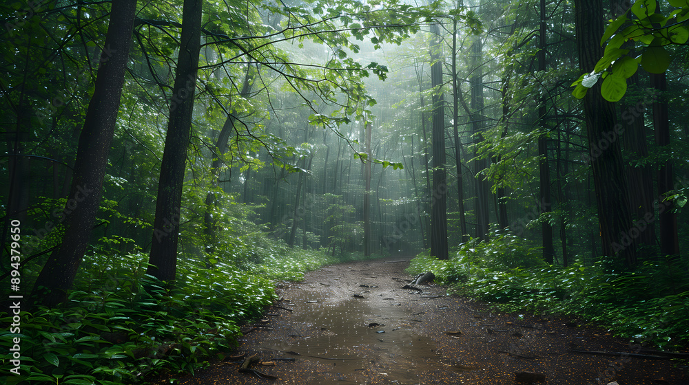Obraz premium Image of the forest trail atmosphere with light rain falling. Create a shady and quiet atmosphere.