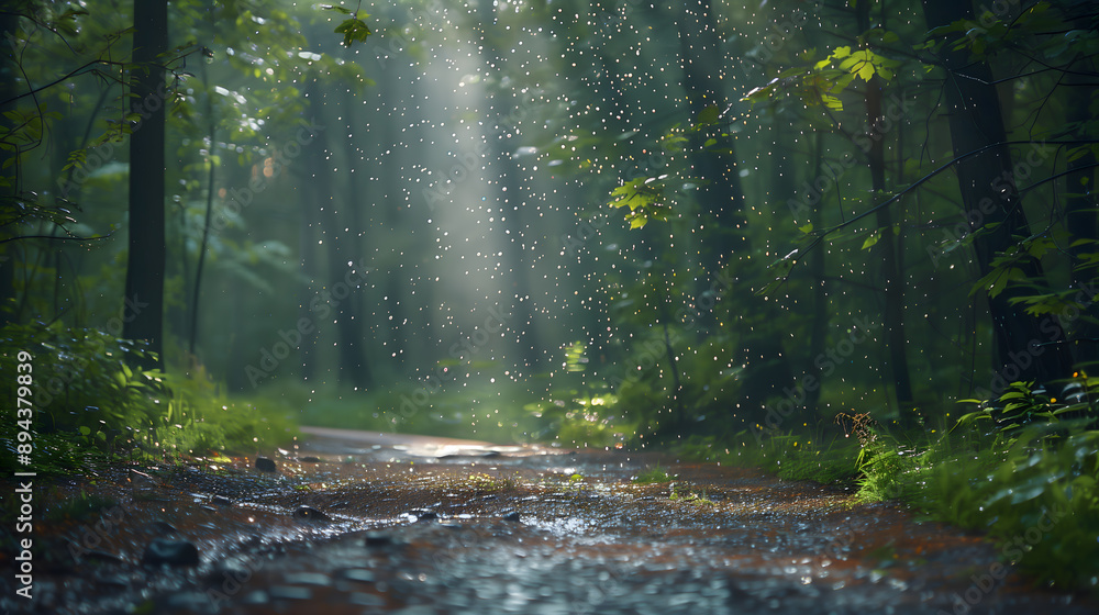 Obraz premium Image of the forest trail atmosphere with light rain falling. Create a shady and quiet atmosphere.