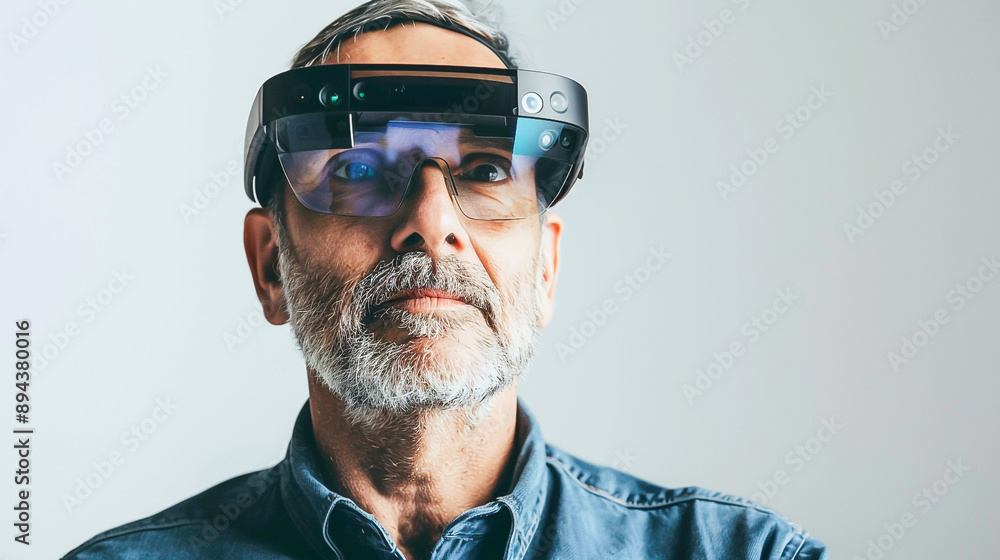 Elderly man in virtual reality glasses on white background Elderly man in virtual reality glasses on white background