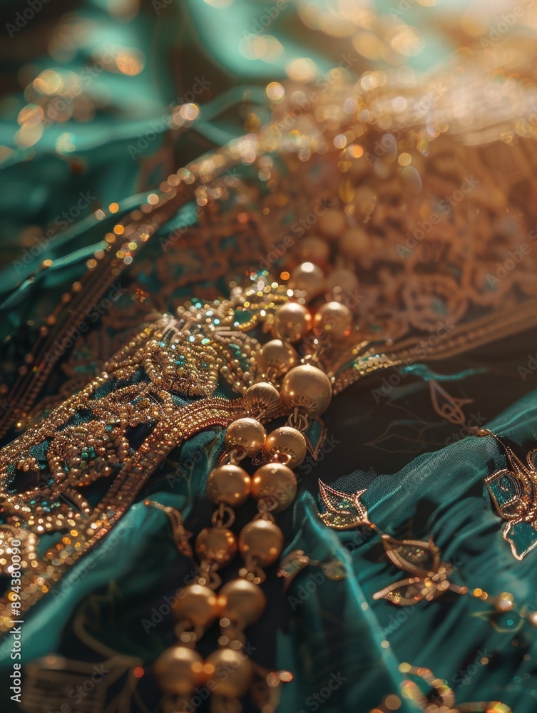 The embroidered green and gold textile showcases the intricate details of traditional Indian beading, pearls and thread work. The embroidered green and gold textile showcases the intricate details of traditional Indian beading, pearls and thread work.