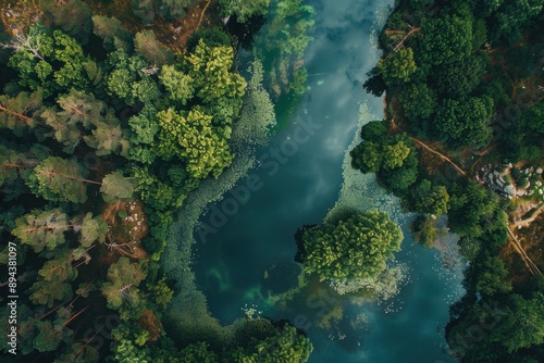 A tranquil woodland stream, flowing amidst lush green trees.