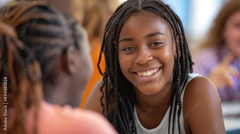 Two young girls engaged in discussion, happy to be friends at school. Inclusive education atmosphere. Two young girls engaged in discussion, happy to be friends at school. Inclusive education atmosphere.
