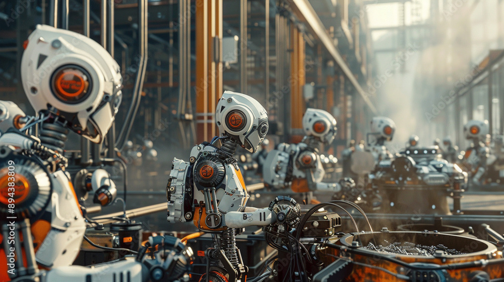 Robots working in a high-tech industrial factory Robots working in a high-tech industrial factory