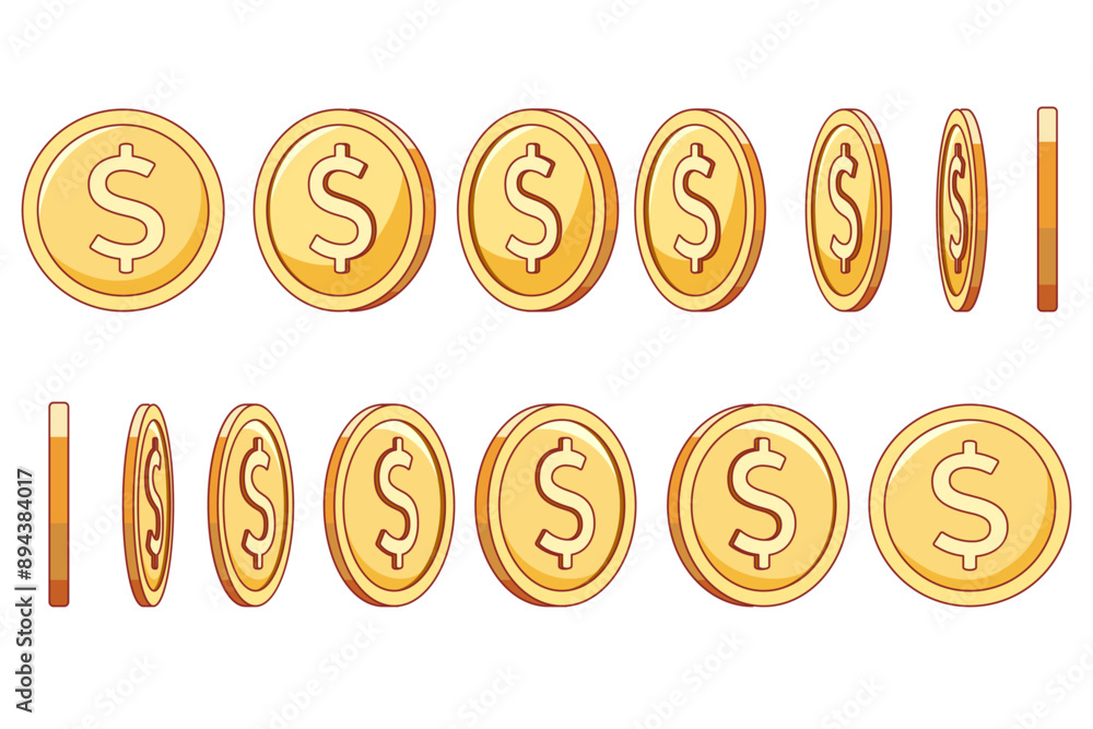 Fototapeta premium Gold coin gradual rotating. Dollar sign different positions, frame by frame spin animation, various angles view, golden money, game profit, winning prize, vector isolated set