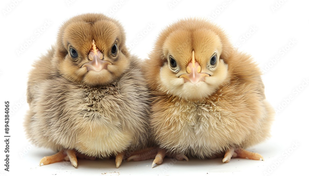 Obraz premium Two cute fluffy baby chickens on white background