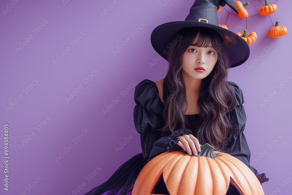 ハロウィンの大きなカボチャと魔女 ハロウィンの大きなカボチャと魔女