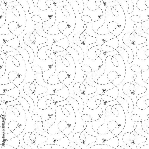 Cut here seamless pattern. Vector scissors with dotted lines, paper cut here seamless pattern for ticket, coupon, promo code.