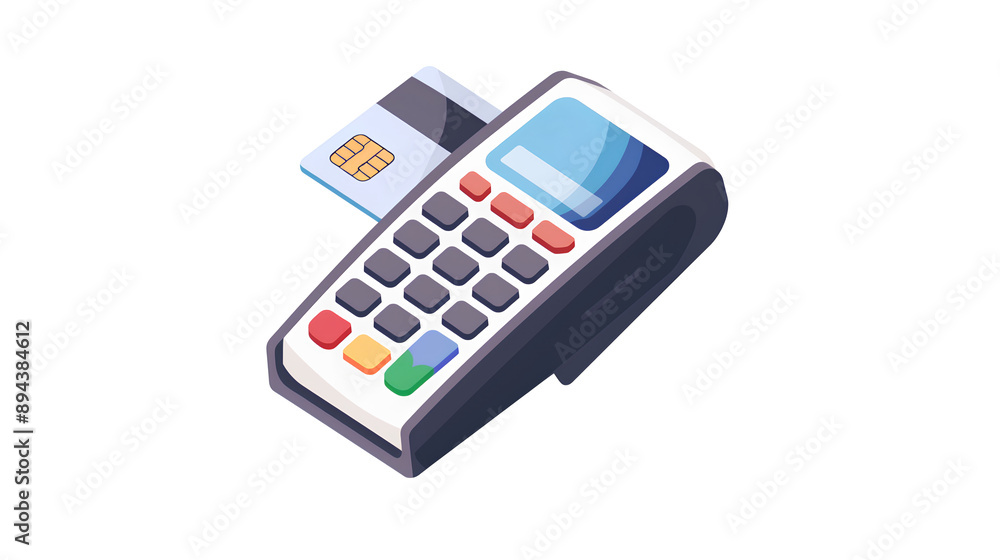 A credit card and payment terminal in isometric design on a white background, A credit card and payment terminal in isometric design on a white background,