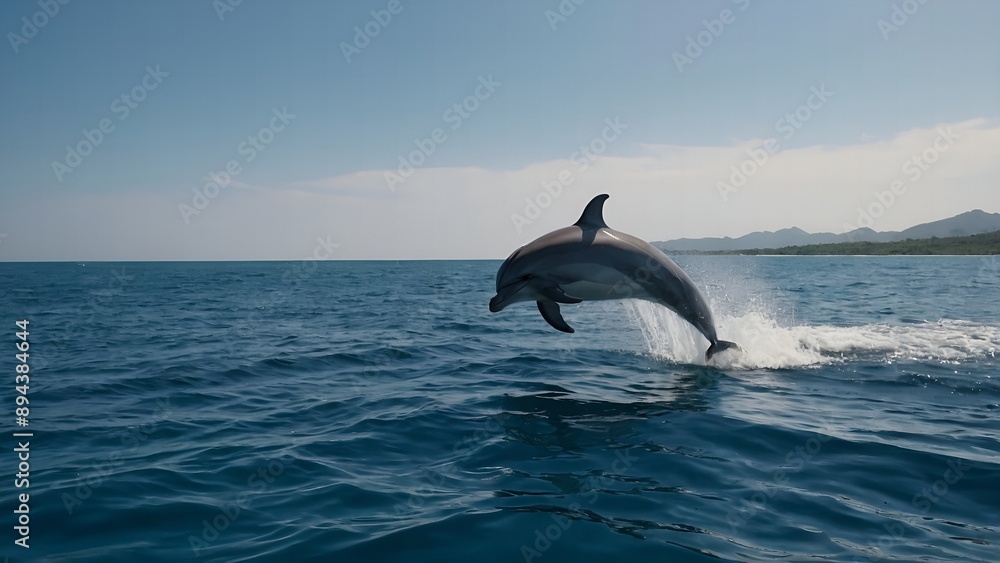 Fototapeta premium A pair of dolphins swimming side by side in the bright light of the sunset