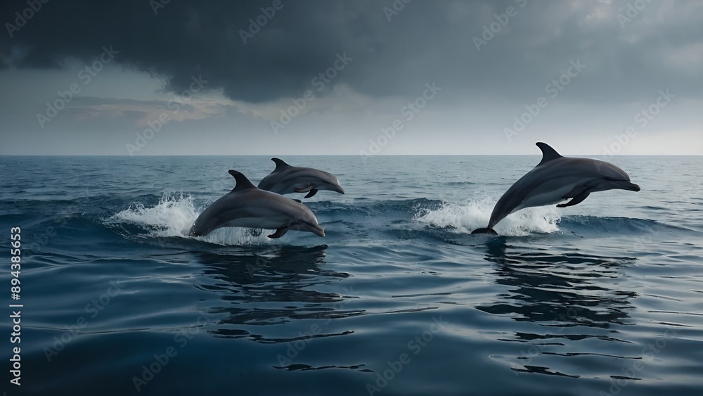 Fototapeta premium Dolphins racing each other through the surf