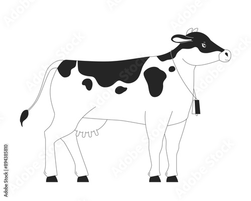 Farm cow with bell 2D cartoon character. Large cattle breeding. Milk and meat animal husbandry isolated flat vector animal white background. Agricultural livestock color spot illustration