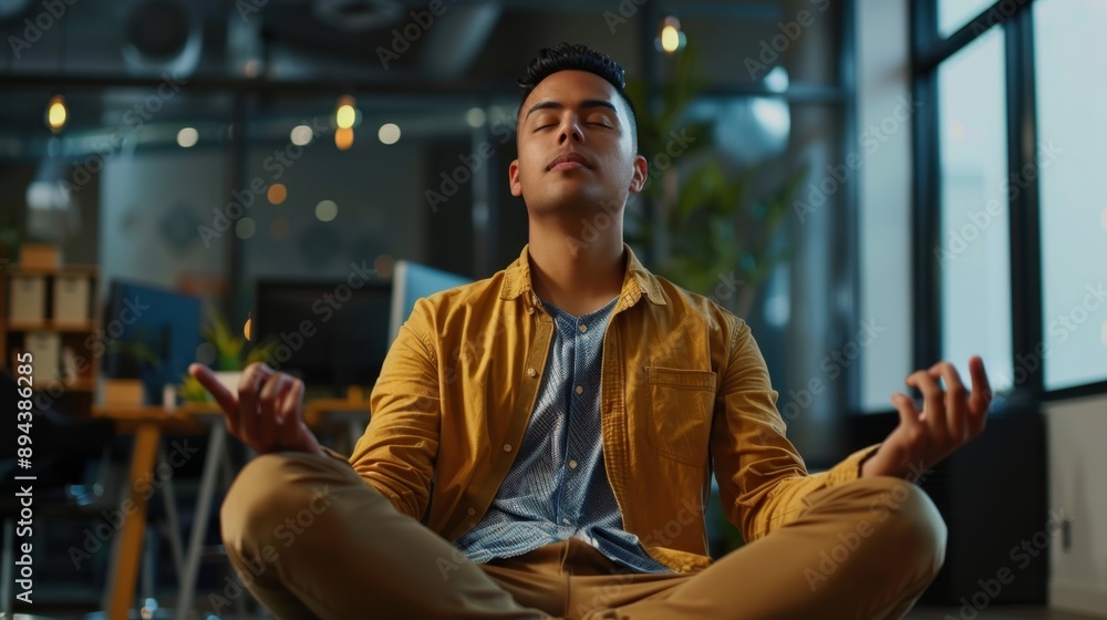 Fototapeta premium A man practicing yoga or meditation indoors, dressed casually.