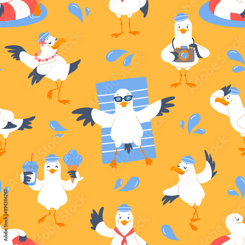 Cute seagull character seamless pattern. Nautical happy bird in different actions and poses, travel agency funny mascot. Decor textile, wrapping, wallpaper. Print for fabric, vector background